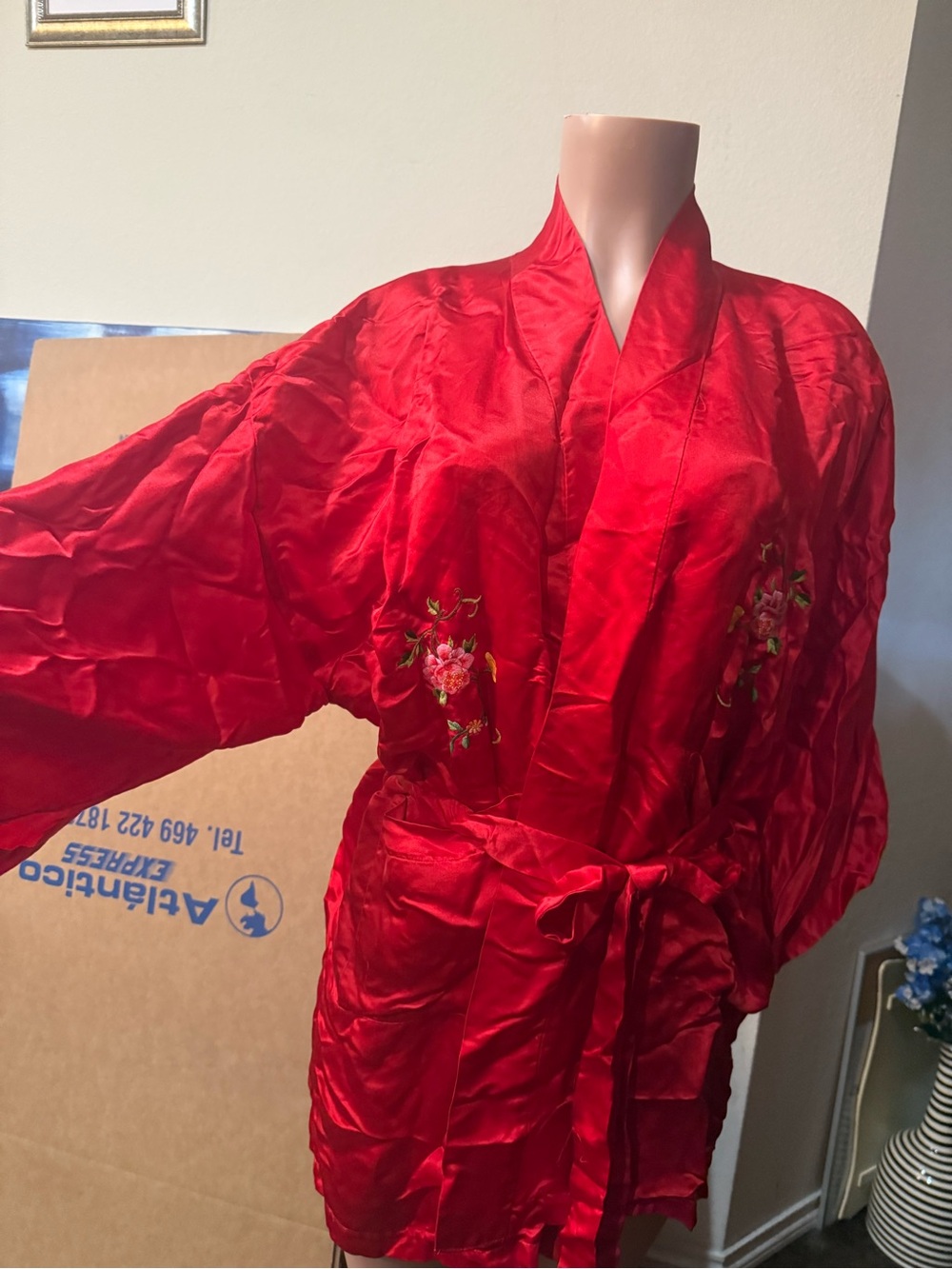 Red Satin Floral Embroidered Kimono Jacket